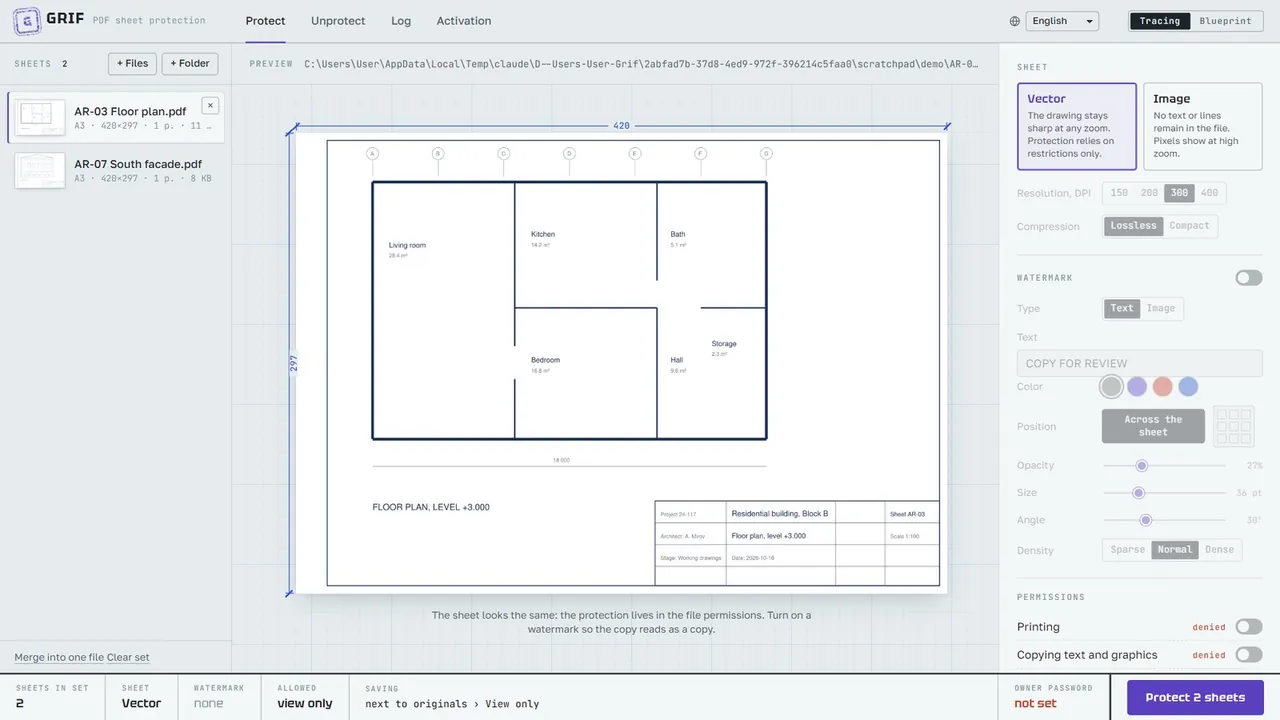 Main window: sheet set, preview and settings