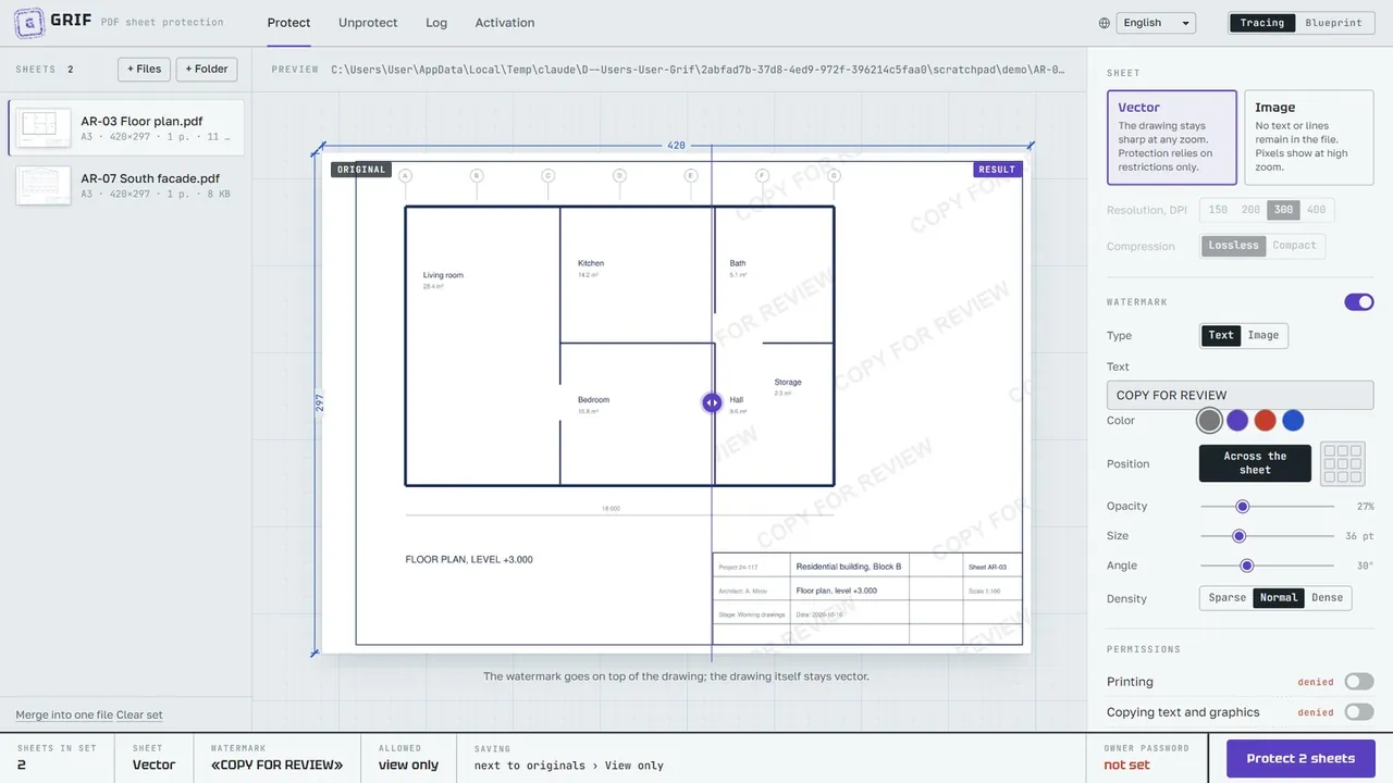 Preview with a watermark and the comparison divider